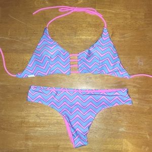 Neon blue & pink swim suit with reversible top